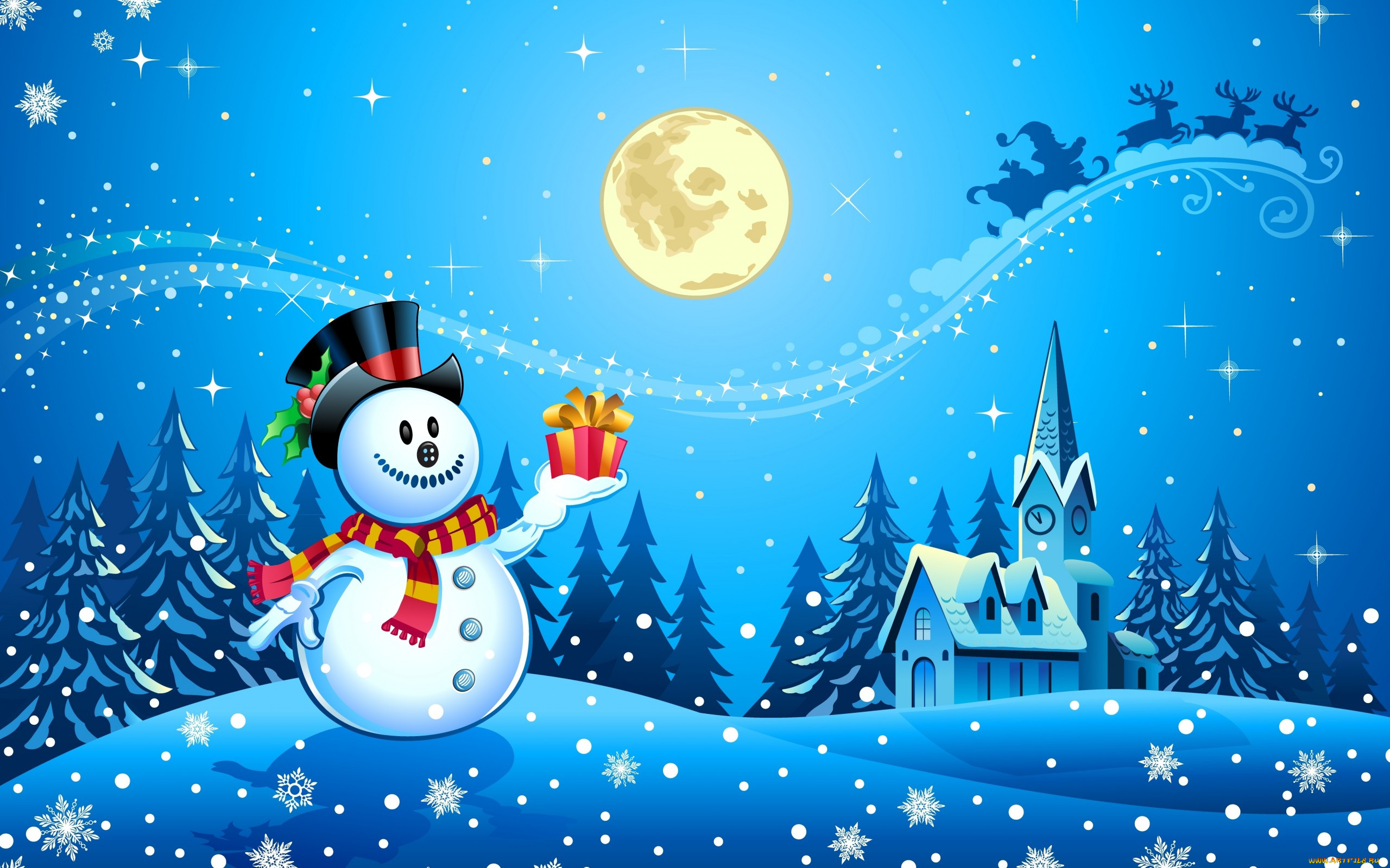 , , , , , holidays, year, new, christmas, happy, merry, new year, snowman, merry christmas, snow, trees, scarf, ice town, full moon, santa claus, reindeer, houses, clock, midnight, snowflakes,  , ,   , , , ,  ,  , -, , , , , 